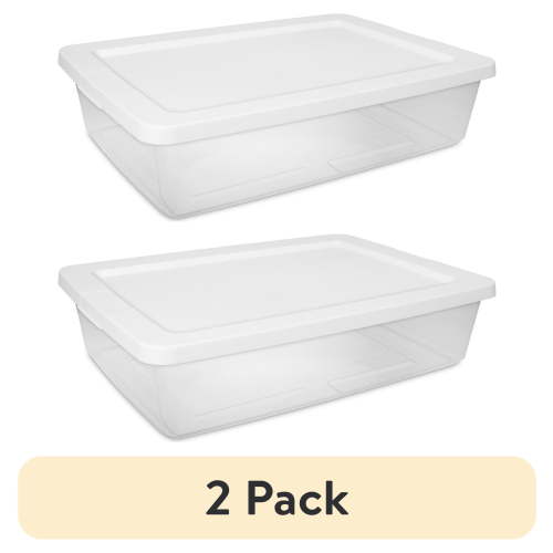 (2 pack) Sterilite 28 Quart Small Storage Bin, Clear Plastic Storage Container with Snap-On Lid, White