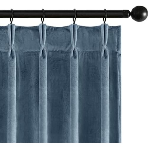 MIULEE Velvet Pinch Pleated Blackout Stone Blue Curtains 40x84 Inches