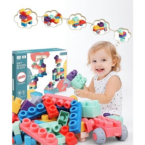 80PCS Soft Building Blocks for Toddlers 1-3, Baby Stacking Toys for Early Learning & Development , BPA-Free Silicone Blocks for Kids,Safe, Fun, and Educational Baby Toy,Large Soft Blocks