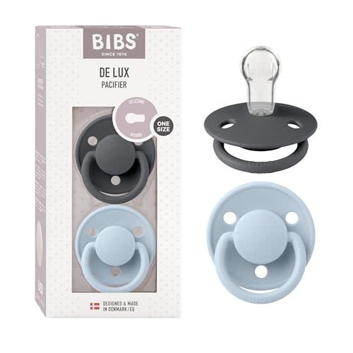 BIBS Pacifiers - De Lux Collection | BPA-Free Baby Pacifier | Made in Denmark | Set of 2 Iron/Baby Blue Color Premium Soothers | Size One Size | Silicone | One Size | BPA-Free | Made in Denmark | High Nipple Acceptance | Airflow Holes | Comfort Shield
