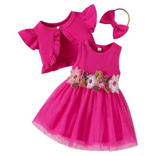 IWEMEK Girl's Dresses 3PCS Fashion Trendy Spring Set Plain Rose Red Layered Tulle Dress Leaf Flower Print Chic Clothes
