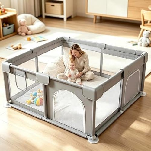 Large Play Yard 50 x 50 Inch Playpen, Safe Anti-Fall Design, Breathable Mesh, Indoor & Outdoor Use, Easy Assembly, Grey