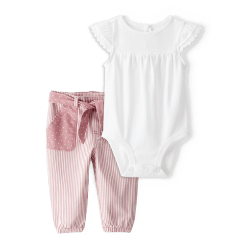 Baby Girl 2-Piece Pointelle Bodysuit & Vintage Hickory Pants Set - White/Pink - OshKosh | Carter's