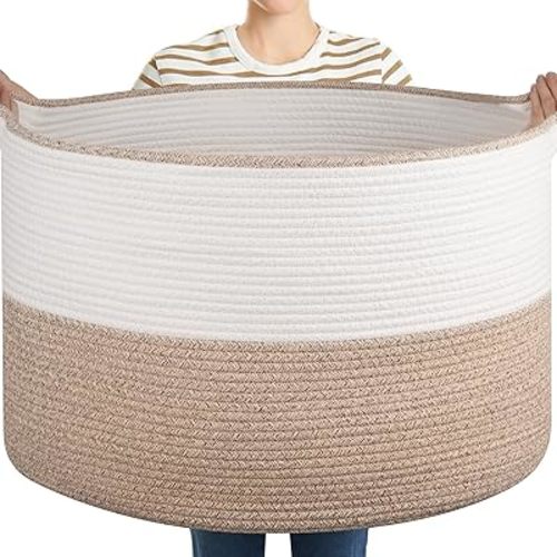 OIASKET XXL Large Blanket Basket with Handles, 105L Woven Storage Basket for Living Room, Cotton Rope Baby Toy Storage for Clothes, Pillows, Towels-Brown & White