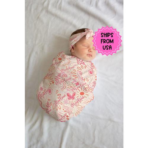 Personalized Pink Baby Swaddle Blanket newborn, coming home hospital announcement reveal outfit, custom name blanket baby shower gift