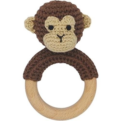 Joliecraft Safari Animals Wooden Baby Rattle Toys Stuffed Crochet Rattle with Teether Ring for Newborn, Brown Monkey