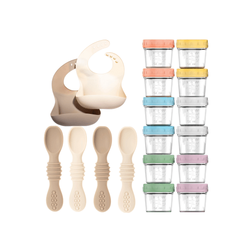 Glass Baby Food Storage Jars, Silicone Baby Spoons and Bibs Set