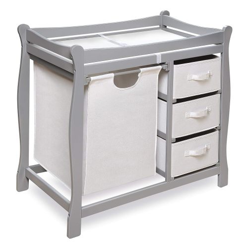 Badger Basket Sleigh-Style Baby Changing Table Diaper Changing Station with 3 Storage Baskets Nursery Organizer with Hamper, Changing Pad, Safety Rails Gray - Costco