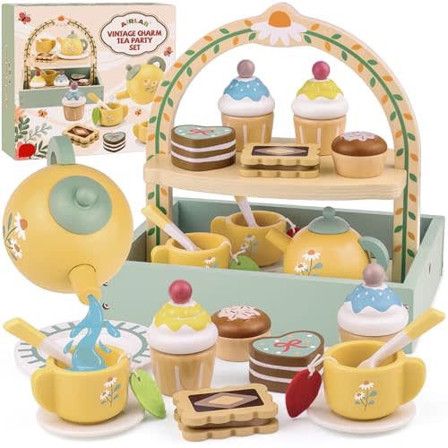 Wooden Tea Sets for Little Girls Play Food Cake Pretend Play Toys | 3-5 Kitchen Accessories Princess Playset for 3 4 5 6 Year Old Girl Boy Party Birthday Gift