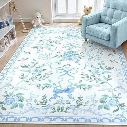 Collive 6x9 Blue Area Rug, Boho Bow and Floral Rugs for Living Room Machine Washable, Soft Ultra-Thin Bow Carpet Non Slip for Girls Room Bedroom Entryway Playroom