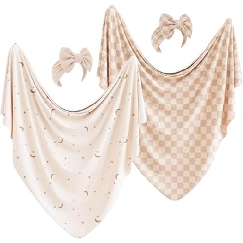 Konssy 2-Pack Stretchy Swaddle Blankets, Baby Receiving Blankets, 41"x41"