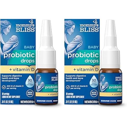 Mommy's Bliss Baby Probiotics + Vitamin D Drops,Supports Digestive Health & Immune Function*,400IU Vitamin D,Supports Bone Development*,Newborns+,Flavorless,0.34 Fl Oz (30 Servings),(Pack of 2)