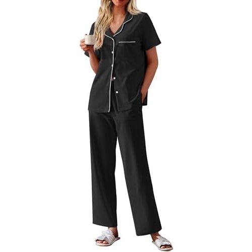 Ekouaer Women's 100% Cotton Pajamas Set Short Sleeve Button Down Pjs 2 Piece Soft Sleepwear with Long Pants Lounge Set