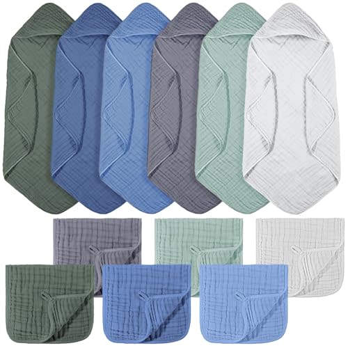 VitalCozy 12 Pcs Baby Muslin Hooded Bath Towels and Washcloths Muslin Cotton Hooded Baby Towels Absorbent Blankets for Gift Newborn Infant Shower (32 x 32 Inch,Cool Colors)