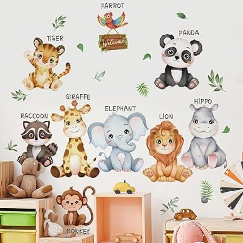 Large Safari Animals Educational Wall Decals Jungle Animals Wall Stickers Lion Panda Giraffe Monkey Tiger Wall Decor Murals for Nursery Kids Room Playroom