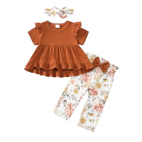 Kucnuzki Baby Girl Clothes Toddler Girl Outfit Ruffle Sleeve Shirt Floral Pant Set Fall Winter Clothing for Girl