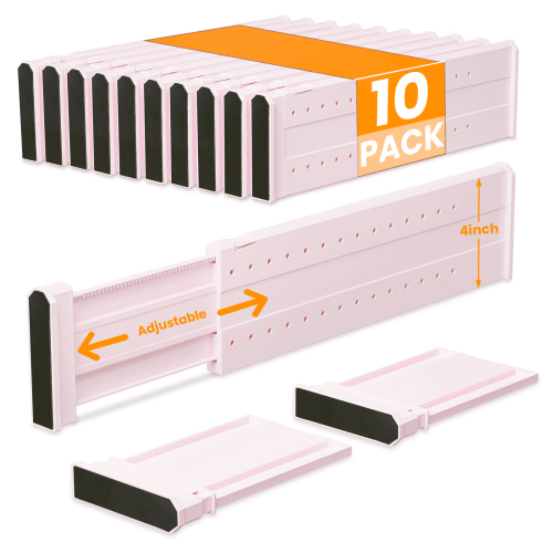 LLMRR 10 Pack Drawer Dividers, 4" High, 11-17" Adjustable Drawer Divider for clothes, Expandable Baby Dresser Organizer for Baby Clothes, Bedroom and Office Storage, 10 Pack, Pink