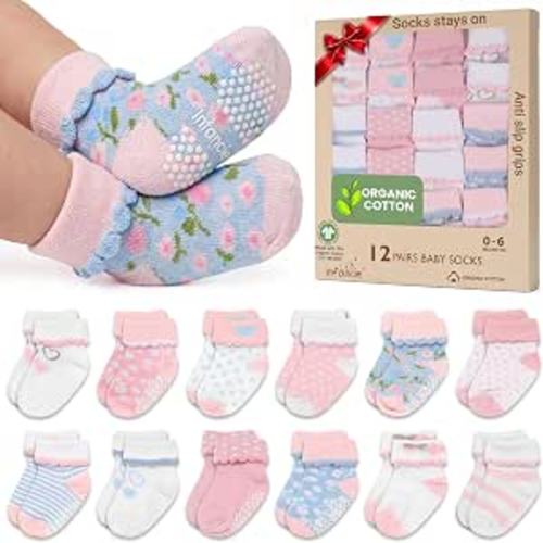GOTS Organic Cotton Blend 12 Baby Newborn Socks 0-6 M Girl Non Slip | Oeko-Tex Certified, Baby Socks, 12 Pairs, Baby Girl Socks, Baby Girl Socks, Pink, For Baby Girls, 0-6 Months, Baby Socks
