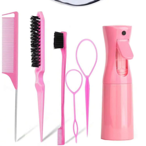7-Piece Pink Hair Tool Set, Including 2 French Braiding Tools, 1 Rat Tail Comb, 1 Detangling Brush, 1 Parting Comb, 1 200ml Spray Bottle And 1 Pack Of 1000 Elastic Bands, Detangling Brush For Wet And Dry Curly Hair, Hairbrush For Distribution Styling, Hai