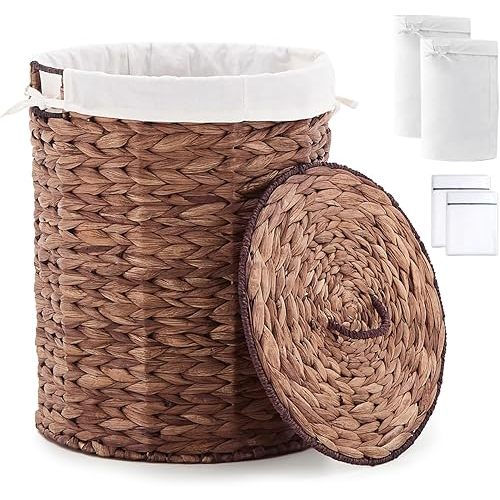 Round Water Hyacinth Laundry Hamper with Lid Handwoven Wicker Basket with Handles for Dirty Clothes, Storage, and Organization, No Assembly Required, 40L