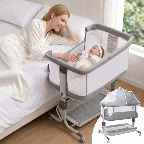 Minikid 3-in-1 Baby Bassinet Bedside Sleeper, 6 Height Adjustments, Full Mesh Breathable, Portable Newborn Baby Crib with Storage Basket,Dark Gray