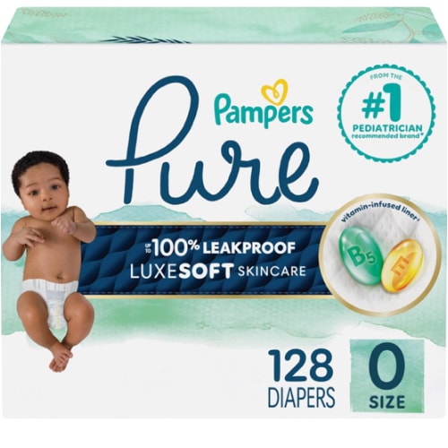 Pampers Pure Protection Baby Diapers, Size 0 (10 lbs ), 128 Count, Up to 100% Leakproof, Premium Plant-based Skin Protection, Hypoallergenic Soft Diapers