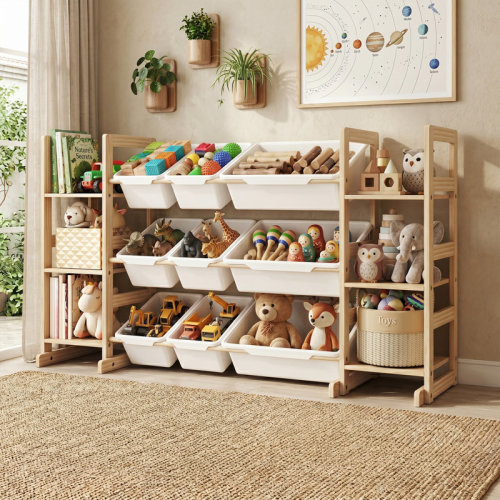 Isabelle & Max™ Kids Bookshelf and Toy Storage Organizer 6 Tier with 9 Toy Bins Wood and Off-White | Wayfair