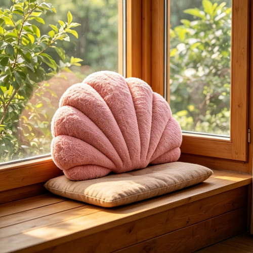 Plush Shell Throw Pillow, Soft Pink Seashell Decorative Cushion for Sofa Couch, Fluffy Coastal Accent Pillow for Bedroom Living Room and Kids Room,18"