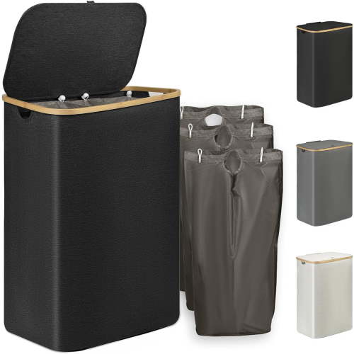 AYAOQIANG 160L Laundry Hamper with Lid,Collapsible Laundry Baskets with 3 Removable Liners Portable Dirty Clothes Hamper for Bathroom, Bedroom, Toys Storage Black