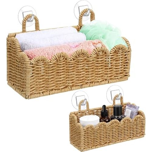 2 Scalloped Woven Hanging Wall Baskets for Storage