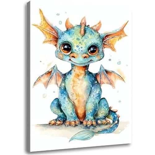 KEJPU Watercolor Baby Dragon Wall Art Canvas Colorful Dragon Nursery Pictures Painting Wall Decor For living Room Bedroom and Office Stretched And Framed Ready To Hang 16 * 24 inch