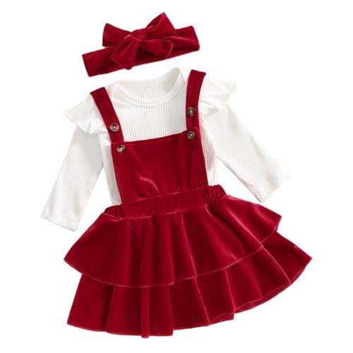 Thorn Tree Newborn Baby Girls Christmas Outfits Long Sleeve Onesie Romper+Velvet Suspender Skirts+Headband Clothes