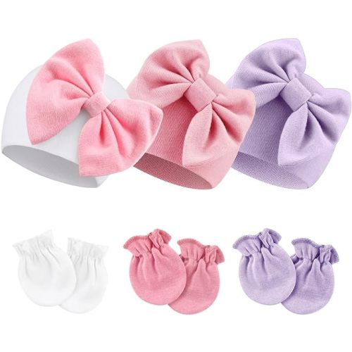 BQUBO Newborn Baby Hospital Hats Beanie Bow Infant Caps Baby Cotton No Scratch Mittens Set for 0-6 Months