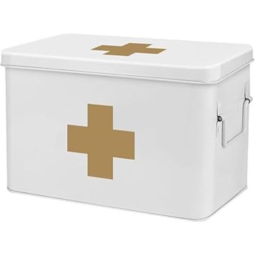 Flexzion First Aid Box Organizer Empty 13" White Vintage First Aid Kit Tin Metal Medical Box - First Aid Storage Box Container Bins with Dividers, Removable Tray and Gold Cross Logo