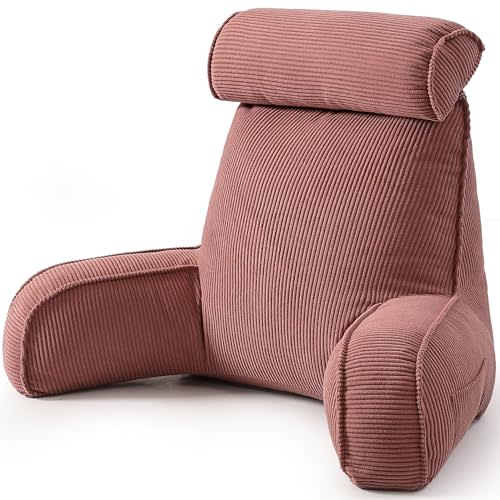 Corduroy Reading Pillow with Arms & Detachable Neck Roll, Bed Rest Back Support, Adult Cushion for Sitting Sofa & Floor, Side Pockets & Washable Cover, Brick Brown