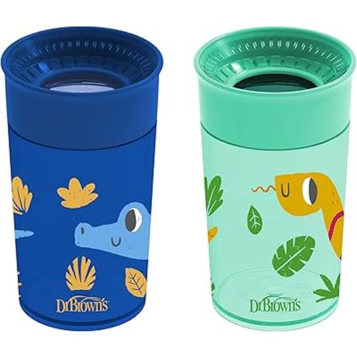 Dr. Brown's Milestones Cheers 360 Spoutless Transition Cup, Travel Friendly and Leak Free Sippy for Babies and Toddlers, Blue/Green Animals, BPA-Free, 10 oz/300 mL, 9m+, 2-Pack