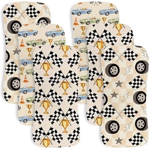 4Pack Baby Burp Cloths for Boys Large 18x8 Inch Soft Absorbent Muslin Burp Rags Vintage Race Car Checkered Flag Theme Newborn Spit Up Towels Registry Nursery Essential