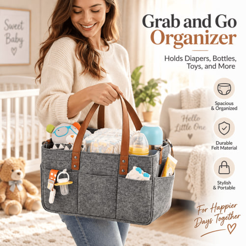 Large Capacity Felt Diaper Storage Bag, Foldable Portable Organizer with Adjustable Compartments, Nursery Bag for Essentials Diapers Easter Toys, Perfect for Travel Home, 13*7*6in, A