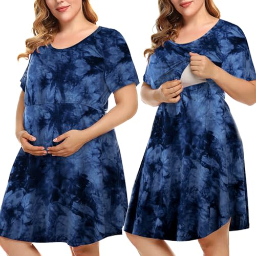MONNURO Plus Size 3 in 1 Labor/Delivery/Hospital Maternity Nightgown Dress | Soft Fabric,Maternity Nursing Dress with Pockets & Elastic Waistline,1XL-5XL,for Pregnant&Postpartum,Daily Wear,Loungewear