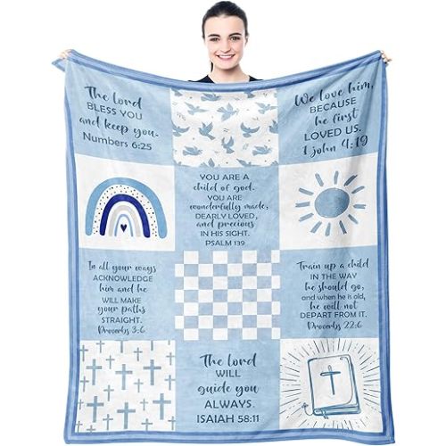 Baptism Gifts for Boys, Baptismal Gift Blanket 40"x50", Christian Present, Religious Bible Goddaughter/Godson Catholic Gift Ideas Throw Blankets, Baptism Favors Christening Gift for Boy