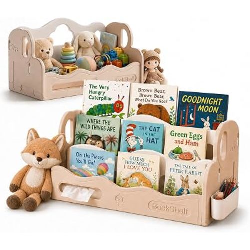 Kids Bookshelf for Toddler, Front Facing Montessori Book Shelf, 3 Tier Kids Bookcase Organizer, BPA-Free HDPE Nursery Bookshelf, Tool-Free Assembly, Book Rack for Bedroom, Playroom, Classroom