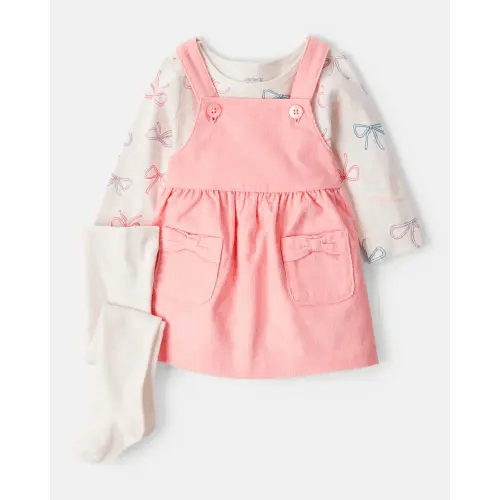 Baby Girl 3-Piece Bow Heart Print Long-Sleeve Dress Set - Ivory/Pink | Carter's