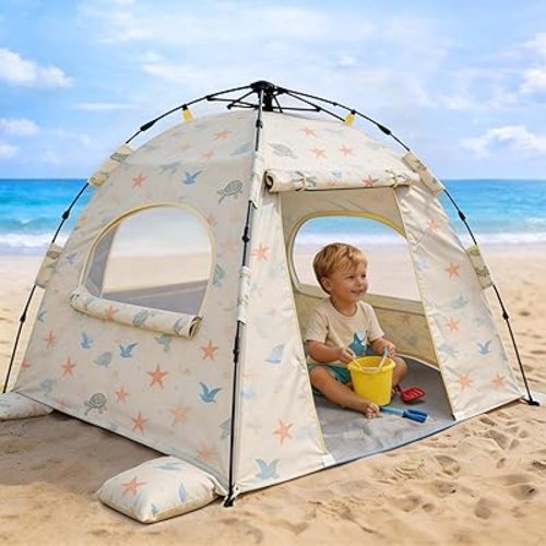 Baby Beach Tent Pop Up Sun Shelter with UPF 50+ UV Protection, Silver-Coated Interior, Breathable Mesh Ventilation, Easy Setup, Wind-Stable Beach Shade for Infants & Toddlers