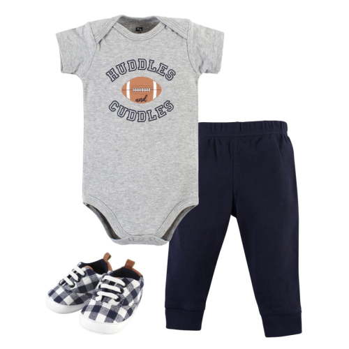 Hudson Baby Infant Boy Cotton Bodysuit, Pant and Shoe Set, Football Huddles Short Sleeve, 9-12 Months