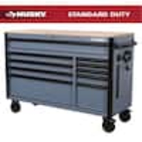 Husky Standard-Duty 52 in. W 10-Drawer Matte Cadet Gray Mobile Workbench Cabinet with Solid Wood Top H52MWC10MTEGRY