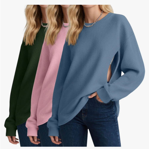 Oakgarden 3 Pack Women's Oversized Nursing Tops, Waffle Knit Breastfeeding Zipper Sweatshirt Long Sleeve Maternity Shirts