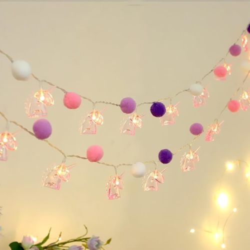 9.85FT Unicorn String Lights Cute Pom Poms Fairy LED String Lights Battery Operated with Timer Decor Lights for Kids Bedroom Birthday Party Kids Playhouse Wedding Valentine's Day Christmas Decorations