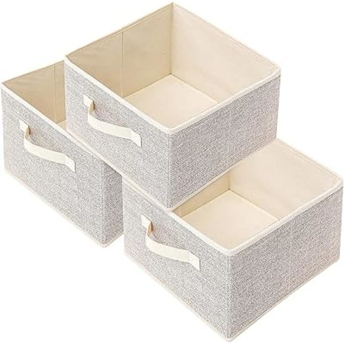 Storage Baskets, 11-Inch Woven Fabric Bins, Storage Cubes with Reinforced Handles, Organizer Bins for Closet Shelves, Foldable, for Toys, Clothes, Natural Beige (3PCS/Beige-11*11*7.8inch)