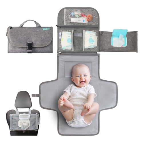 Kopi Baby Portable Diaper Changing Pad with Wipes Pocket, Premium Grey | 22-In Waterproof Pad, Reversible Wipes Pocket, 1 Zipper Pocket, 2 Large Pockets, Extra Inner Pocket, Built-In Pillow, Straps