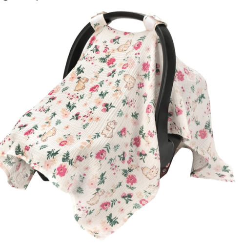 SERAPHY 100% Muslin Cotton Car Seat Covers for Babies, Universal Baby Car Seat Cover, Breathable Muslin Carseat Cover Canopies for Boys and Girls, Soft Infant Car Seat Cover for Summer — Rabbits